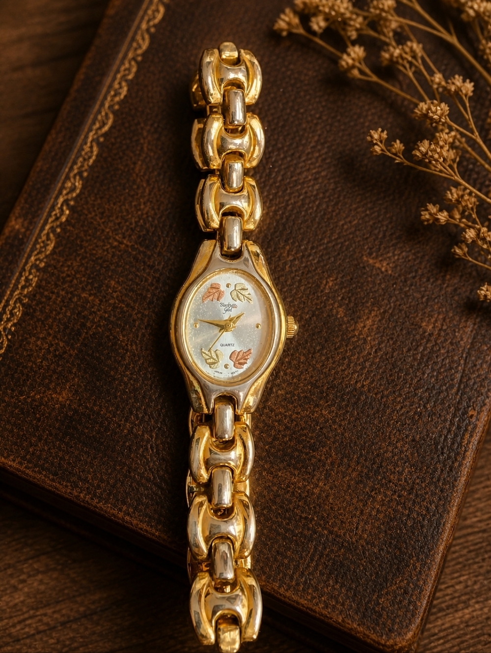 Black Hills Gold Leaf Watch Gold Tone Bracelet Quartz Vintage